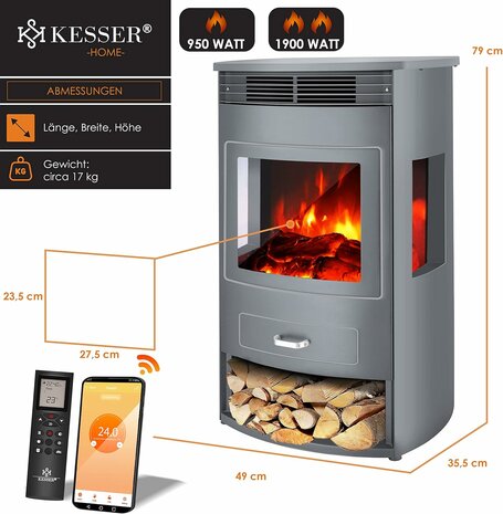 Kesser Prio XL zilver elektrische sfeerhaard Wifi - 950/1900 W - 75 m3